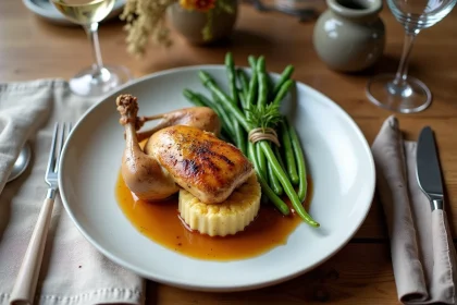 Poulet rôti dressé avec gratin dauphinois et haricots verts sur une table de dîner élégante