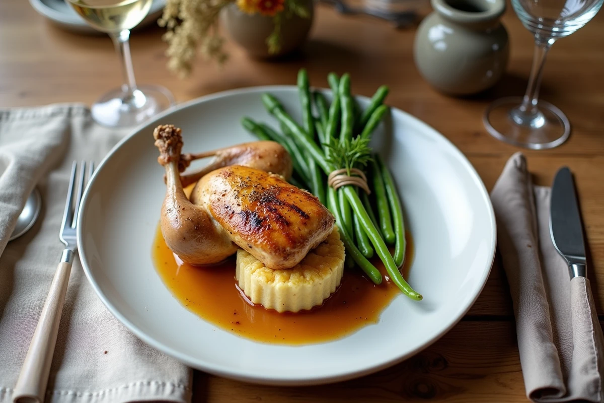 Poulet rôti dressé avec gratin dauphinois et haricots verts sur une table de dîner élégante