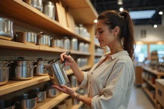 Femme inspectant une casserole en inox dans un magasin d'ustensiles de cuisine