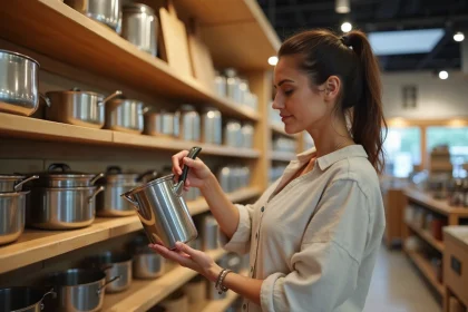 Femme inspectant une casserole en inox dans un magasin d'ustensiles de cuisine