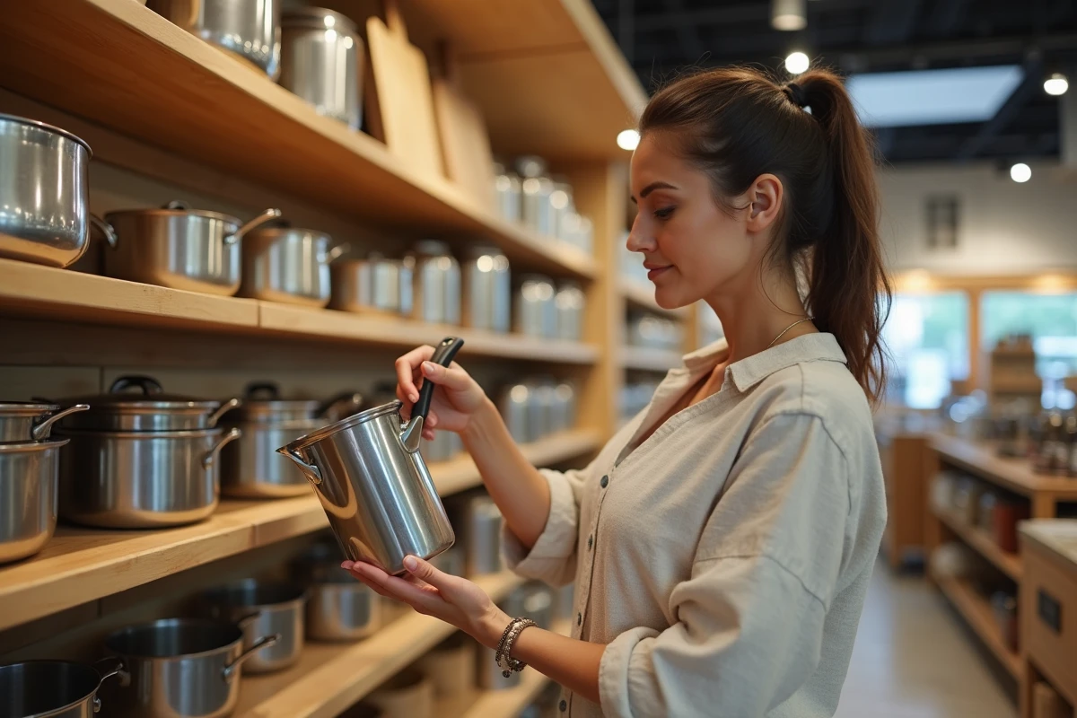 Femme inspectant une casserole en inox dans un magasin d'ustensiles de cuisine