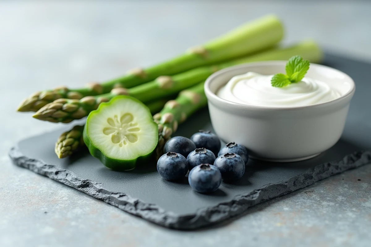 Gros plan sur des aliments hypocaloriques disposés sur une ardoise grise en style minimaliste
