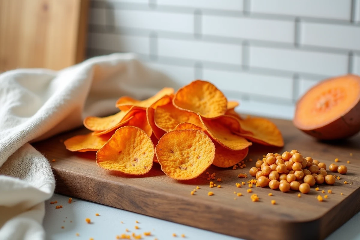 Assortiment de chips saines à base de patate douce, pois chiches et quinoa sur une planche en bois rustique avec ingrédients bruts