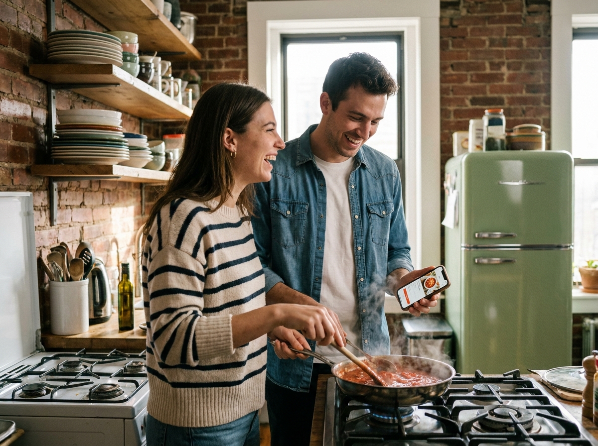 Deux amis cuisinant ensemble en suivant une recette sur smartphone dans une cuisine conviviale