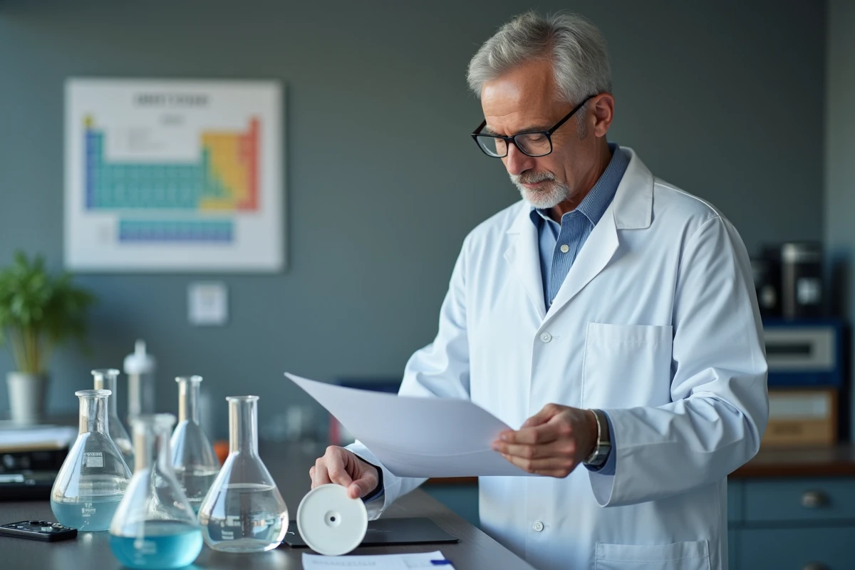 Scientifique en blouse blanche analysant la qualité de l'eau dans un laboratoire avec une bouilloire en plastique démontée