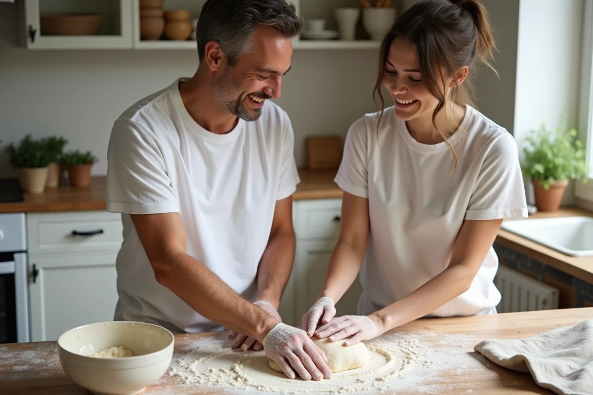 Deux jeunes adultes pétrir ensemble de la pâte à pain sur une table en bois farinée dans une cuisine campagnarde lumineuse