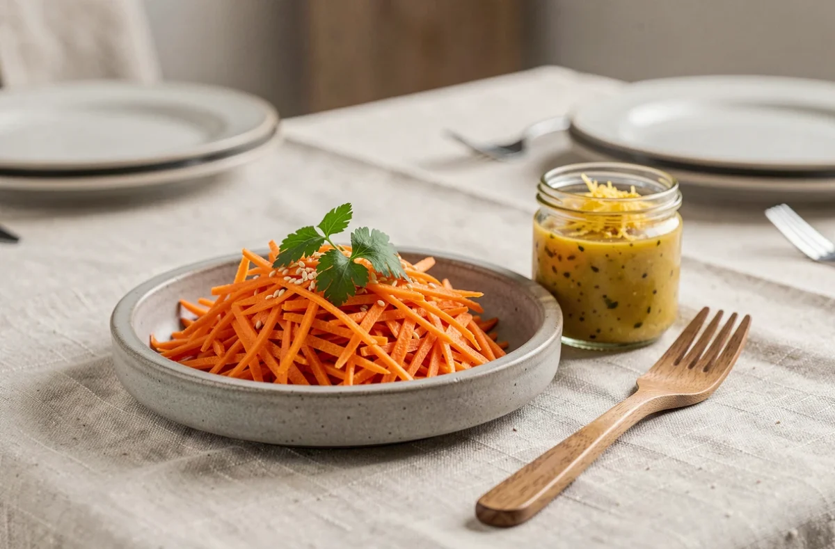 Assiette de carottes râpées légères en stoneware gris avec vinaigrette maison au citron, coriandre fraîche et graines de sésame sur nappe en lin