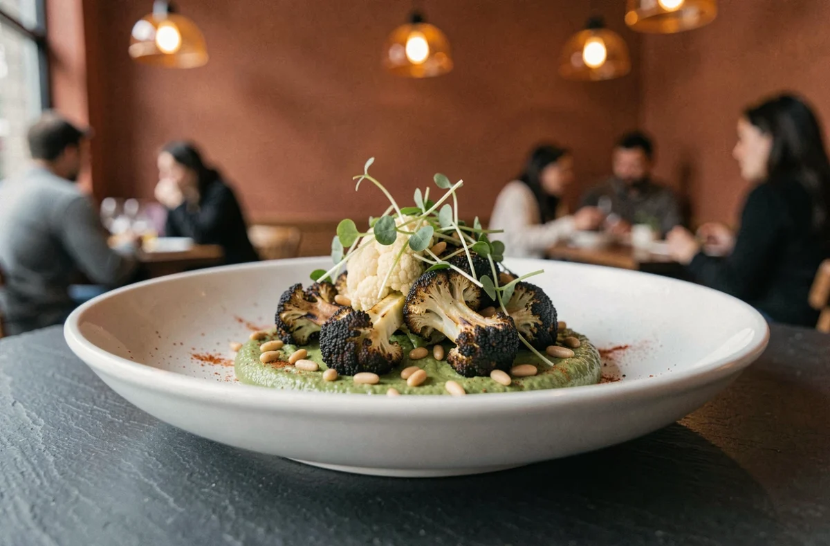 Assiette de chou-fleur grillé sur purée de petits pois dans un bistrot végétarien tendance, décoration gastronomique