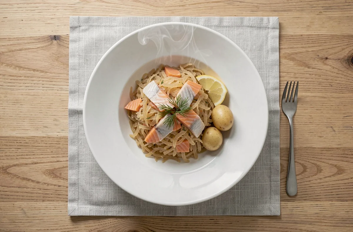 Assiette de choucroute aux poissons pour enfants vue de dessus avec saumon, cabillaud et pommes de terre