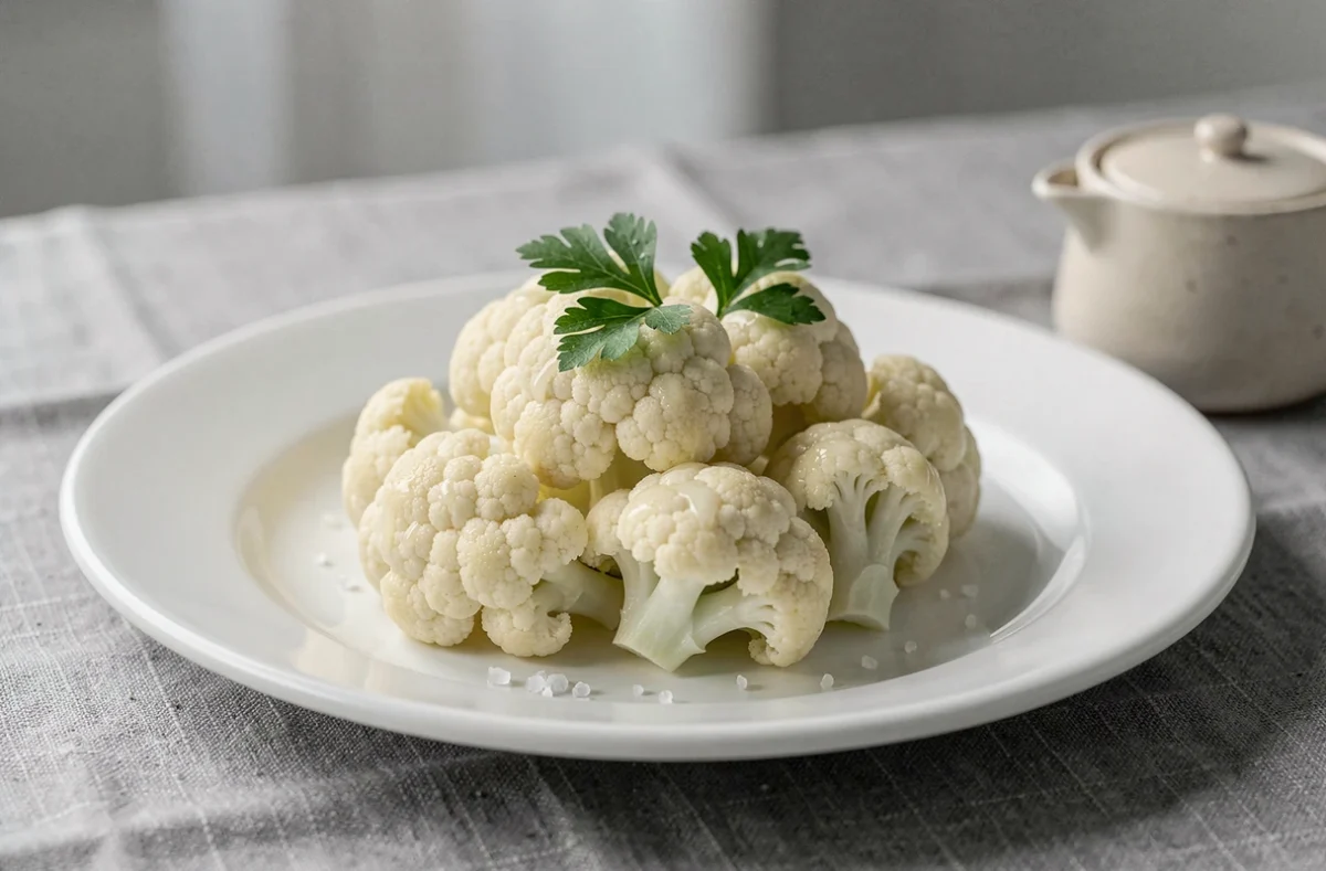 Assiette de chou-fleur vapeur garni de persil et de gros sel sur une table scandinave minimaliste