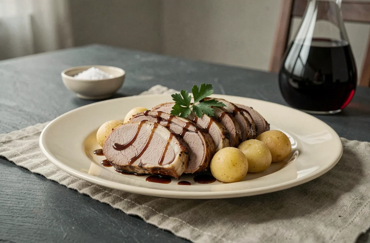 Assiette de rôti de porc en cocotte avec pommes de terre fondantes et jus de cuisson réduit pour un dîner élégant