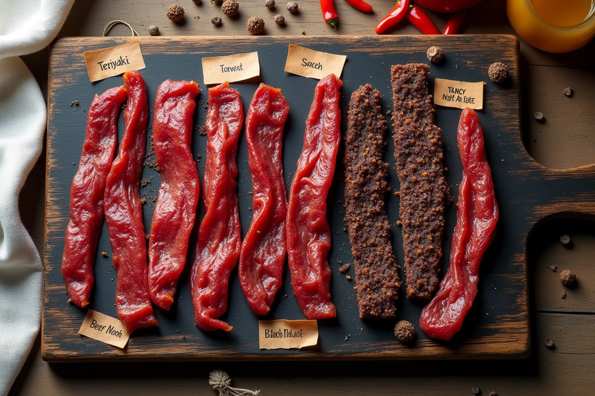 Assortiment de beef jerky aux différentes saveurs disposés sur une planche en bois rustique pour choisir le meilleur pour débuter