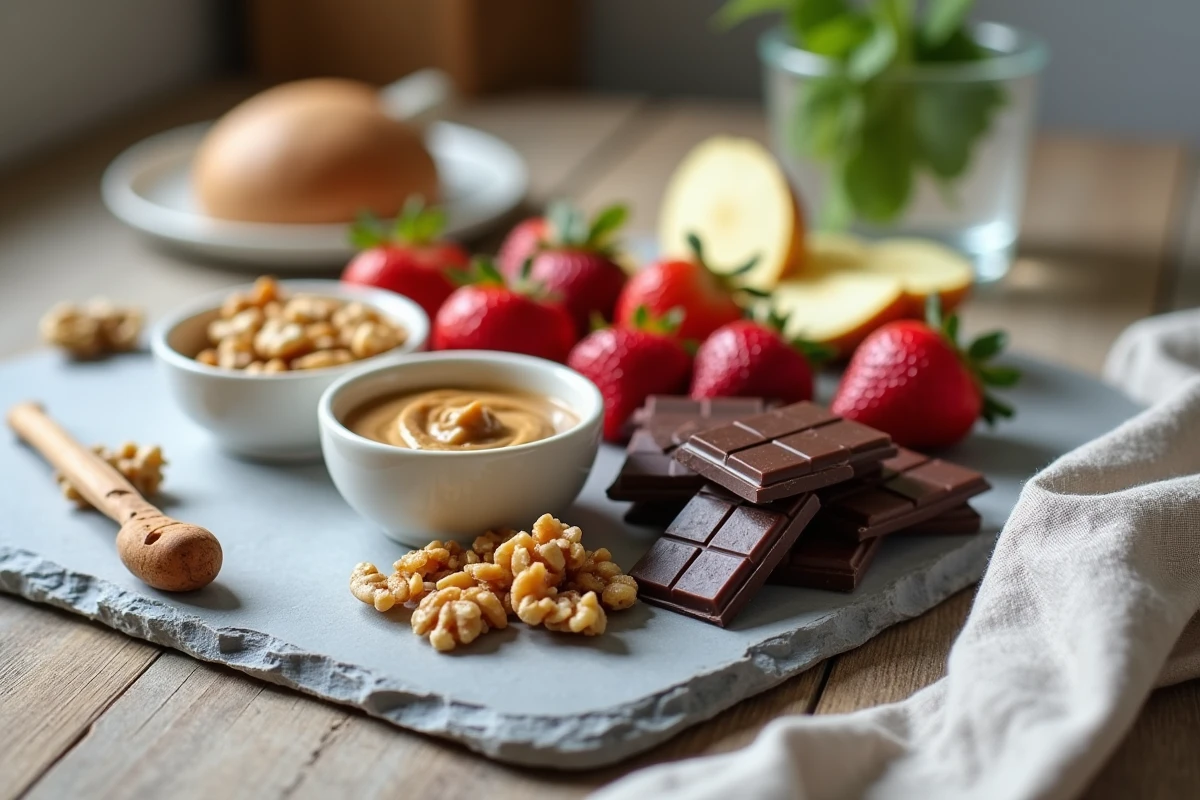 Assortiment de collations saines sans sucre ajouté sur ardoise avec pommes, noix, beurre d'amande et chocolat noir
