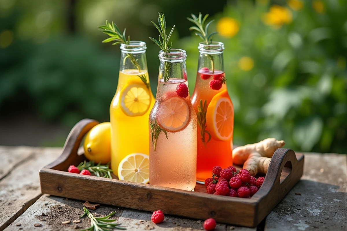 Assortiment de bouteilles d'eau détox infusée au citron, gingembre et baies rouges sur plateau en bois rustique