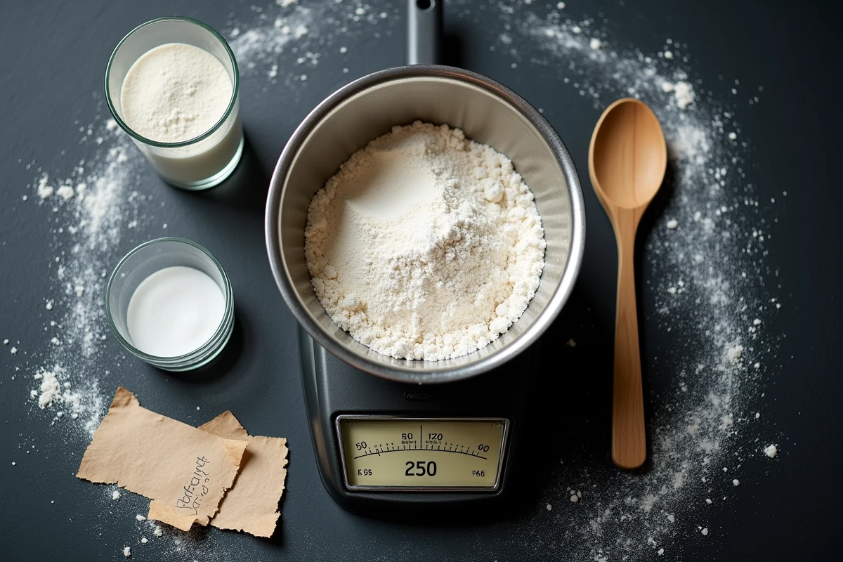 Vue en plongée d'une balance de cuisine avec 250g de farine et un verre doseur, comparaison des unités de mesure en pâtisserie