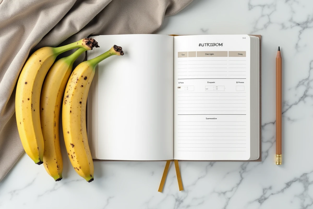 Bananes à différents stades de maturité sur marbre avec un journal nutritionnel pour illustrer le régime banane