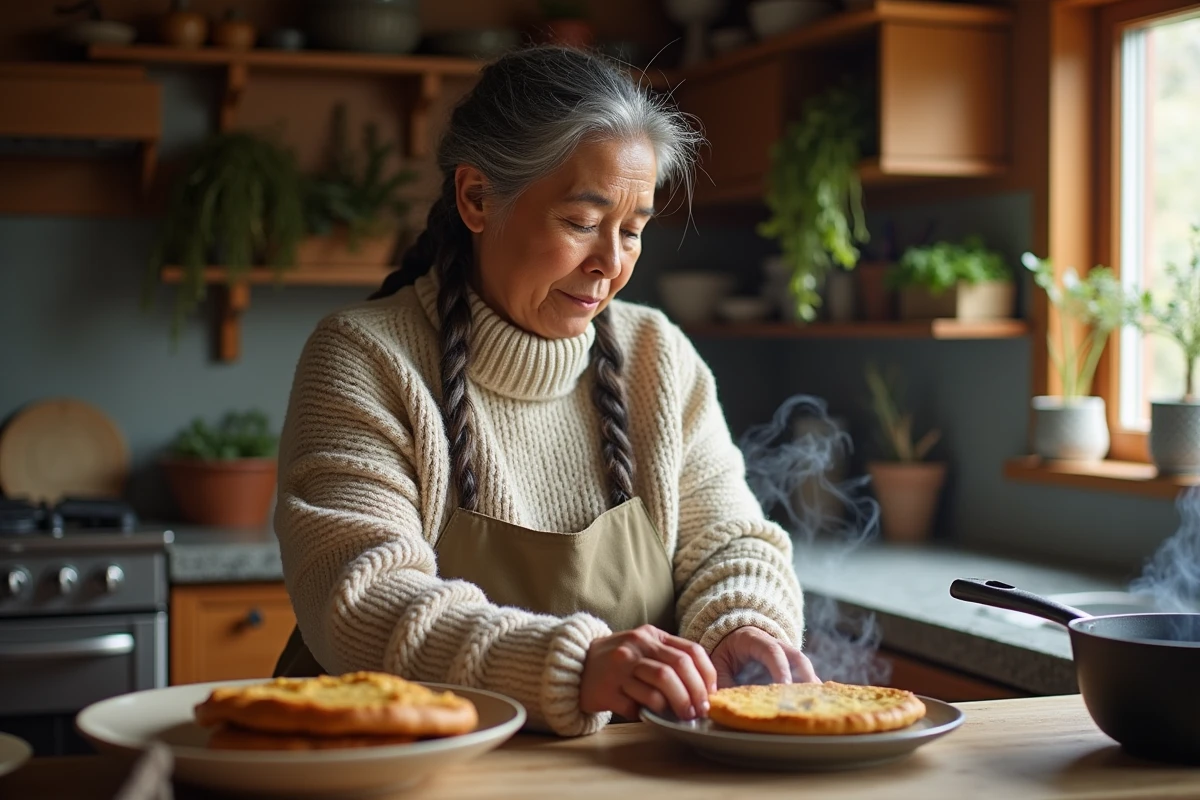 Femme autochtone canadienne préparant du bannock traditionnel dans une cuisine rustique en bois avec des herbes séchées