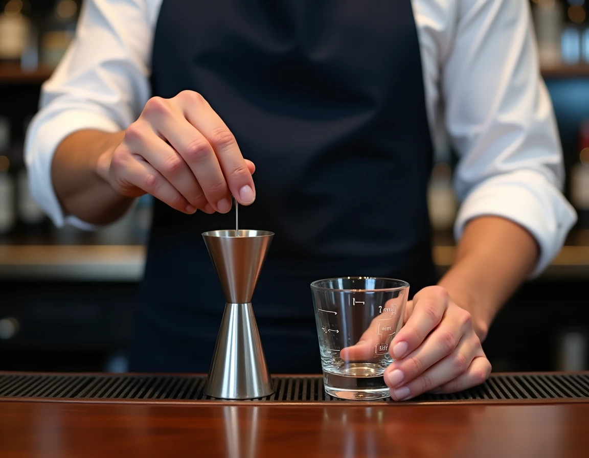 Barman tenant un jigger inox et un verre doseur gradué en ml et cl sur un comptoir de bar en bois sombre