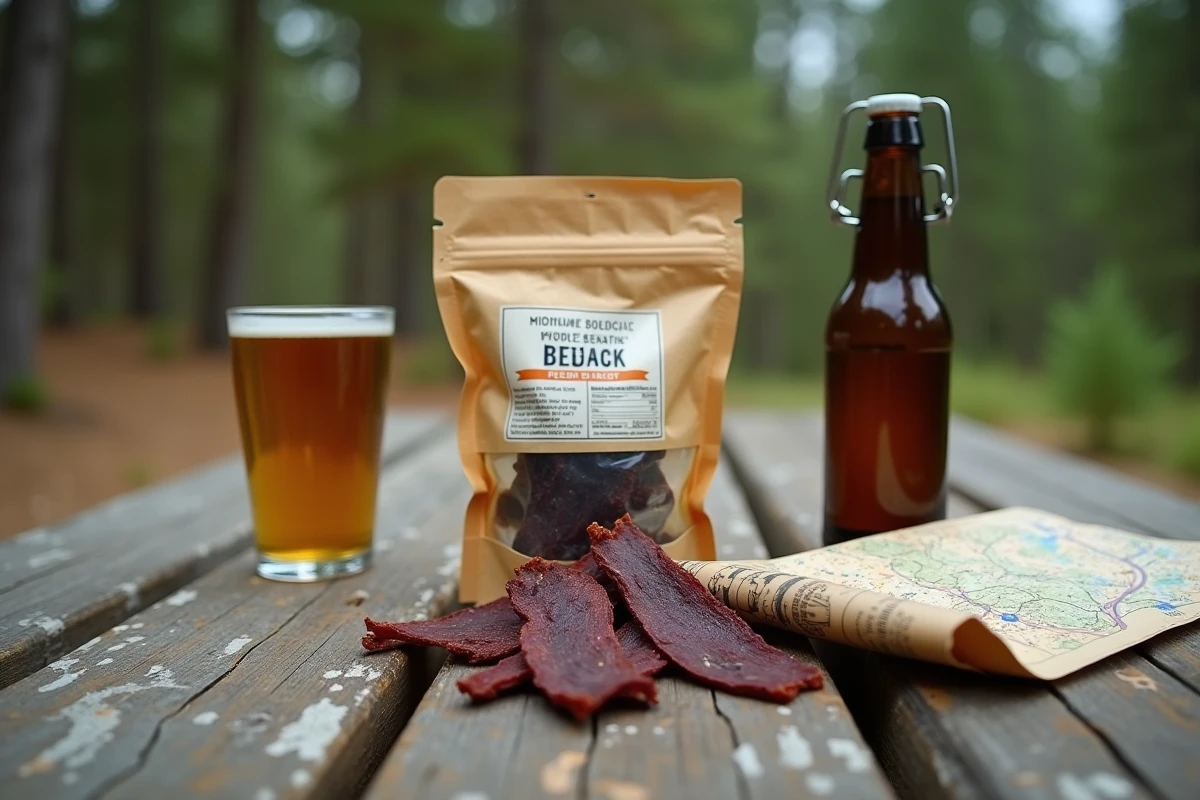 Sachet de beef jerky ouvert sur une table de pique-nique en forêt idéal comme snack de randonnée pour débutant