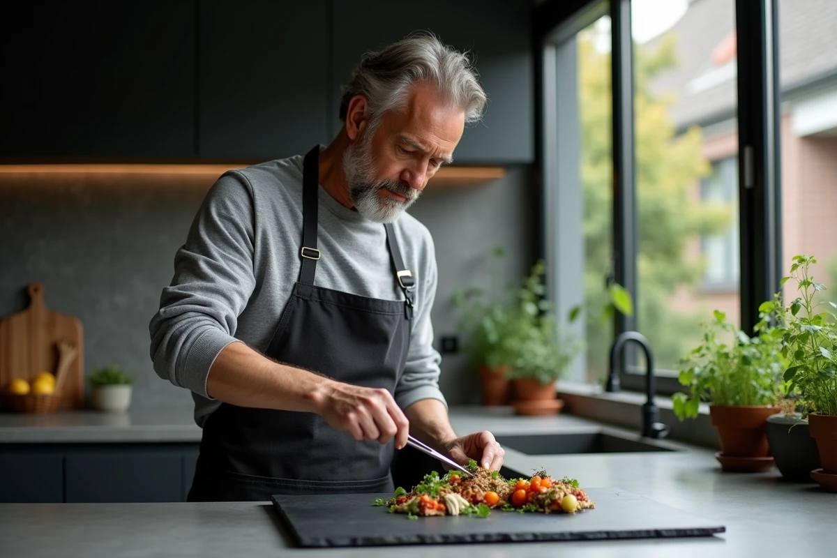 Homme adulte dressant un plat gastronomique avec soin dans une cuisine moderne, illustrant les bienfaits de la maîtrise culinaire