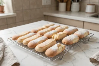 Biscuits cuillère dorés refroidissant sur une grille avec un saupoudrage de sucre glace, dans une cuisine française
