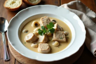 Blanquette de veau traditionnelle servie dans un bol en céramique blanche avec sauce crémeuse, oignons perlés et champignons sur une table en chêne rustique