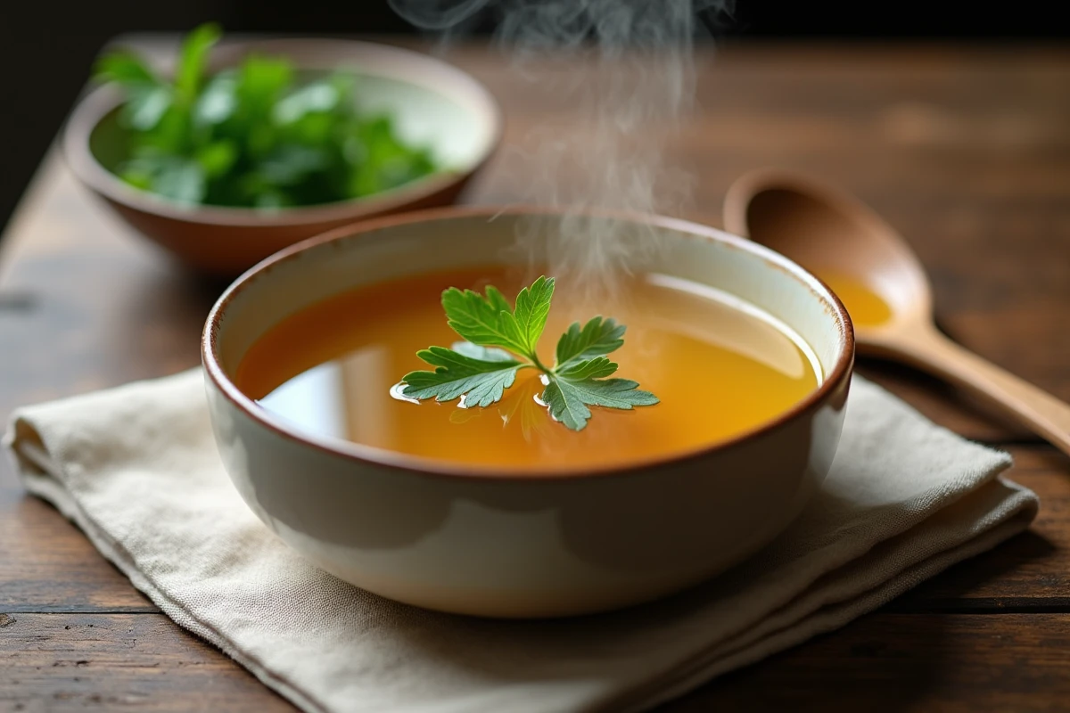 Bol de bouillon de poulet maison clair garni d'un brin de persil frais posé sur une table en chêne