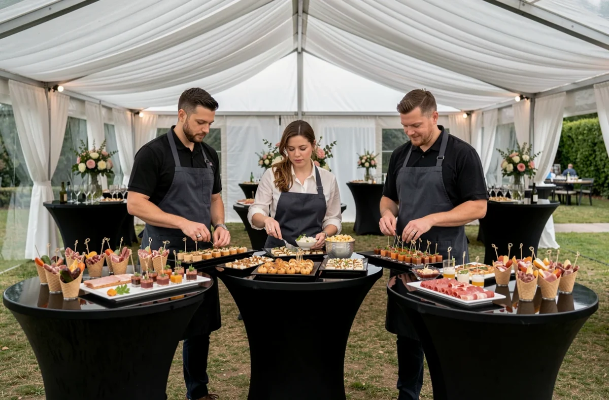 Équipe de Borges Evenements dressant des buffets cocktail pour un événement polyvalent