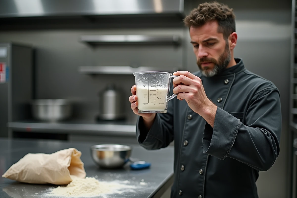 Boulanger inspectant un verre doseur de farine en cuisine professionnelle, questionnant l'équivalence entre grammes et millilitres