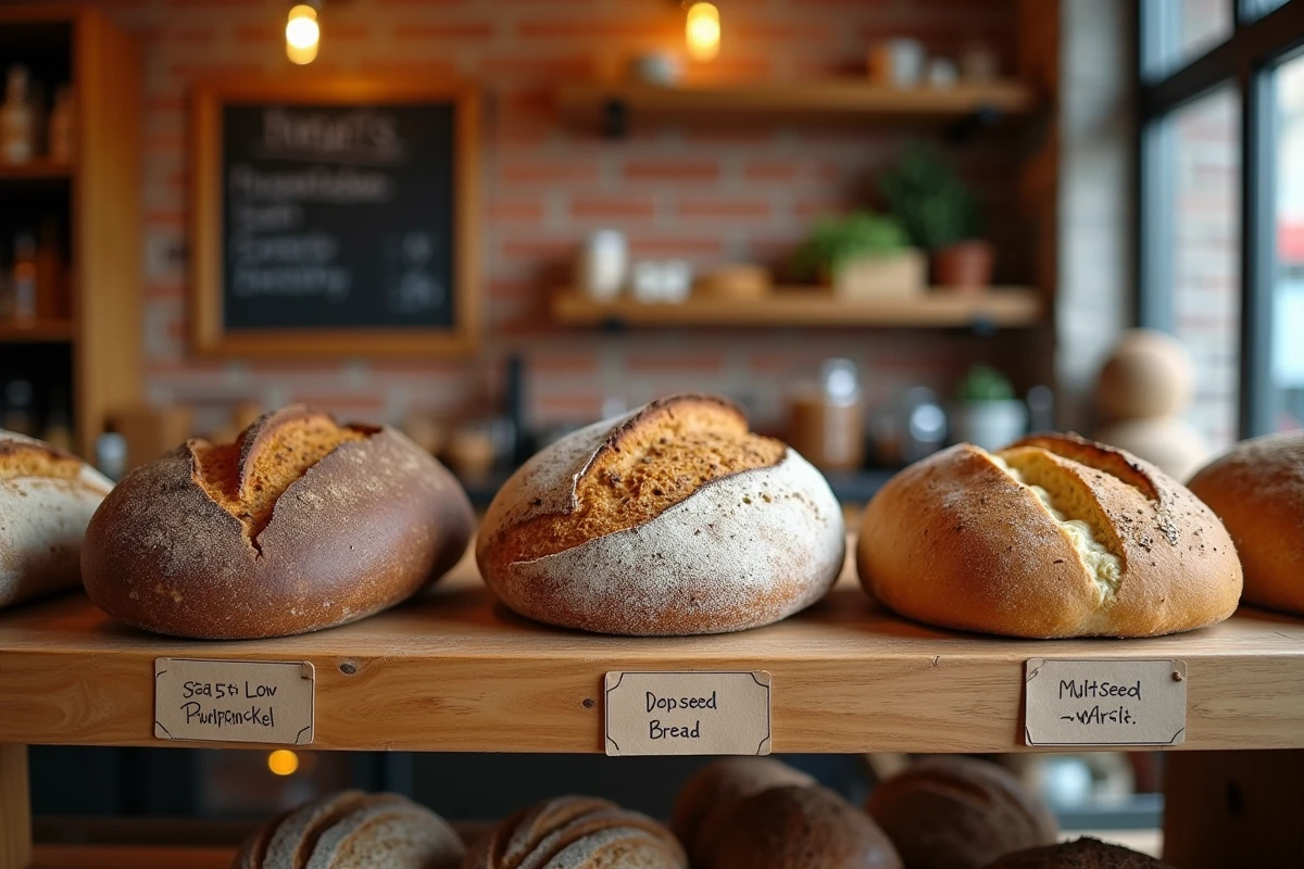 Étagère de boulangerie artisanale avec pains à index glycémique bas : seigle, épeautre et pumpernickel