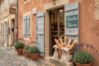 Devanture d'une boulangerie artisanale provençale avec baguettes dorées et murs en pierre dans les Bouches-du-Rhône