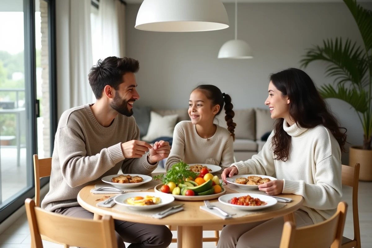Famille partageant un brunch dominical autour d'une table avec œufs brouillés, avocat et fruits frais