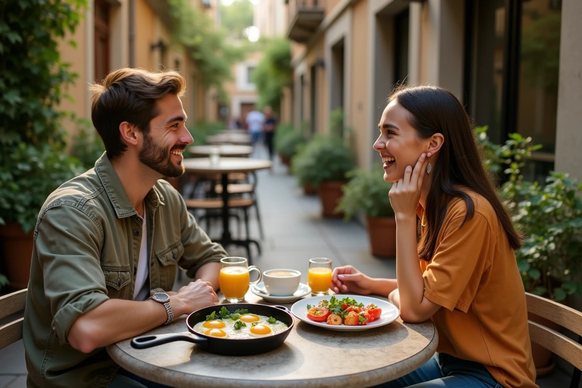 Deux amis partageant un brunch avec des œufs brouillés en terrasse de café