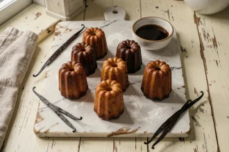 Six canelés bordelais dorés et caramélisés disposés sur un marbre de cuisine avec vanille et rhum, vue de dessus