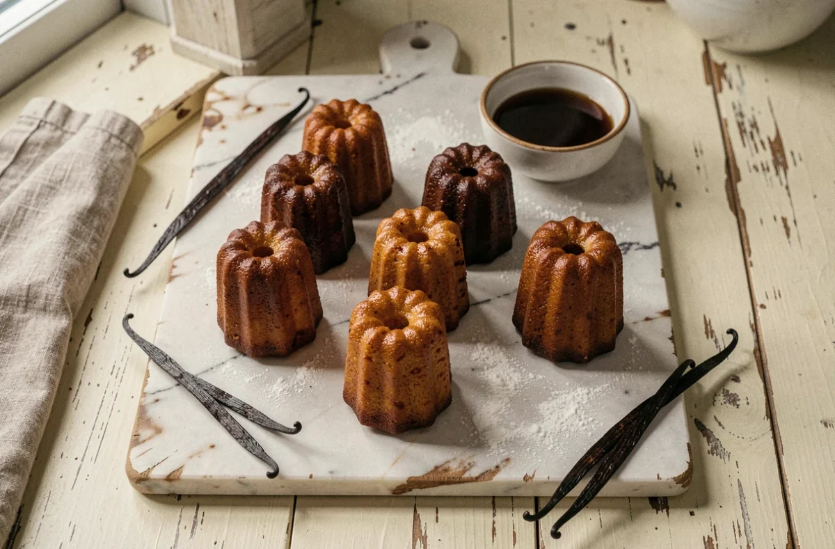 Six canelés bordelais dorés et caramélisés disposés sur un marbre de cuisine avec vanille et rhum, vue de dessus