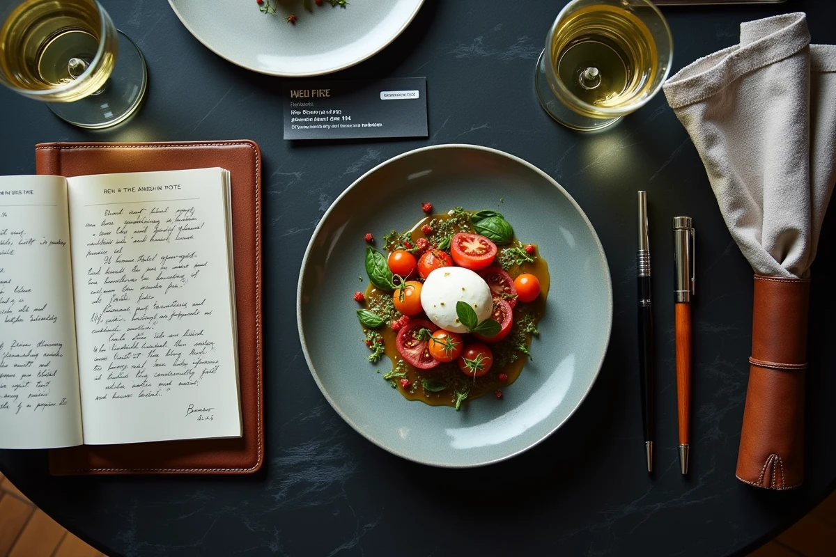 Vue de dessus du carnet de notes et de l'assiette gastronomique d'un critique culinaire sur une table en ardoise