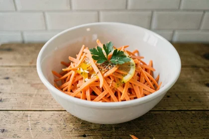 Bol de carottes râpées assaisonnées à l'huile d'olive et au citron, garnies de persil frais et de cumin, sur une table en bois rustique