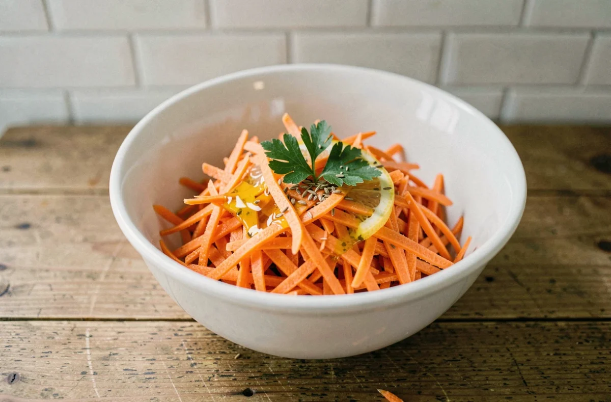 Bol de carottes râpées assaisonnées à l'huile d'olive et au citron, garnies de persil frais et de cumin, sur une table en bois rustique