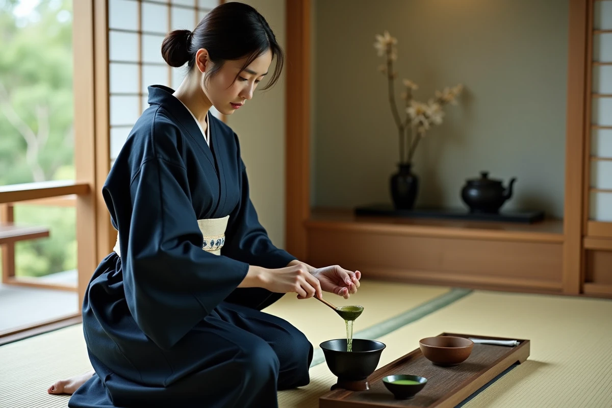Femme japonaise en yukata préparant du thé matcha dans une salle de thé traditionnelle avec tatami et écrans shoji