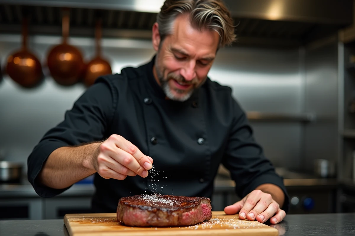 Chef cuisinier ajoutant de la fleur de sel sur un steak poêlé dans une cuisine professionnelle