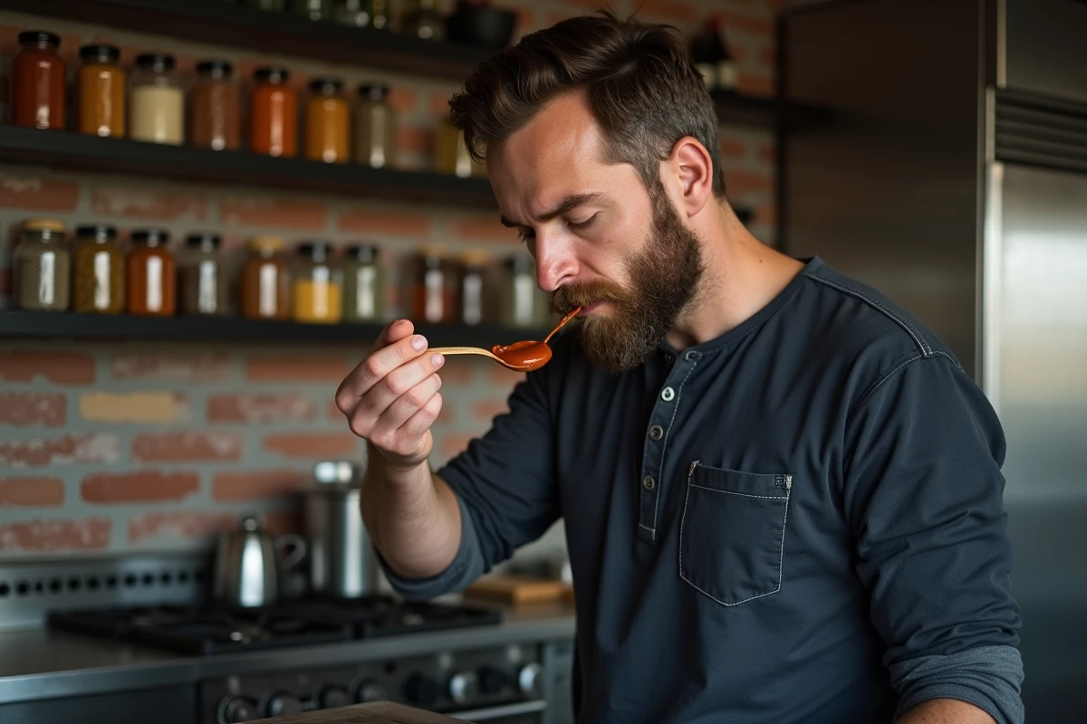 Chef cuisinier barbu goûtant une sauce à la cuillère en bois devant une cuisinière professionnelle dans une cuisine semi-professionnelle
