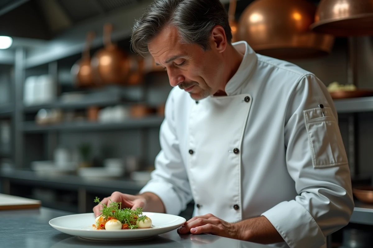 Chef étoilé Michelin examinant un plat gastronomique finement dressé dans une cuisine professionnelle