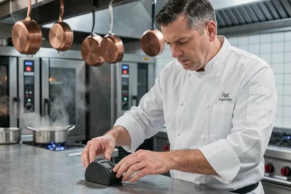 Chef professionnel paramétrant un minuteur de cuisson numérique dans une cuisine de restaurant moderne