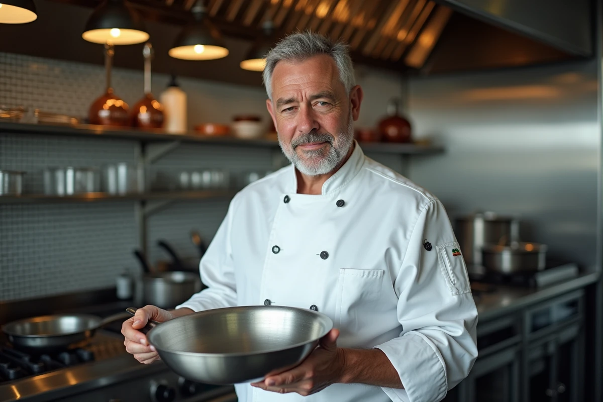 Chef cuisinier professionnel tenant une poêle en inox dans une cuisine de restaurant commerciale