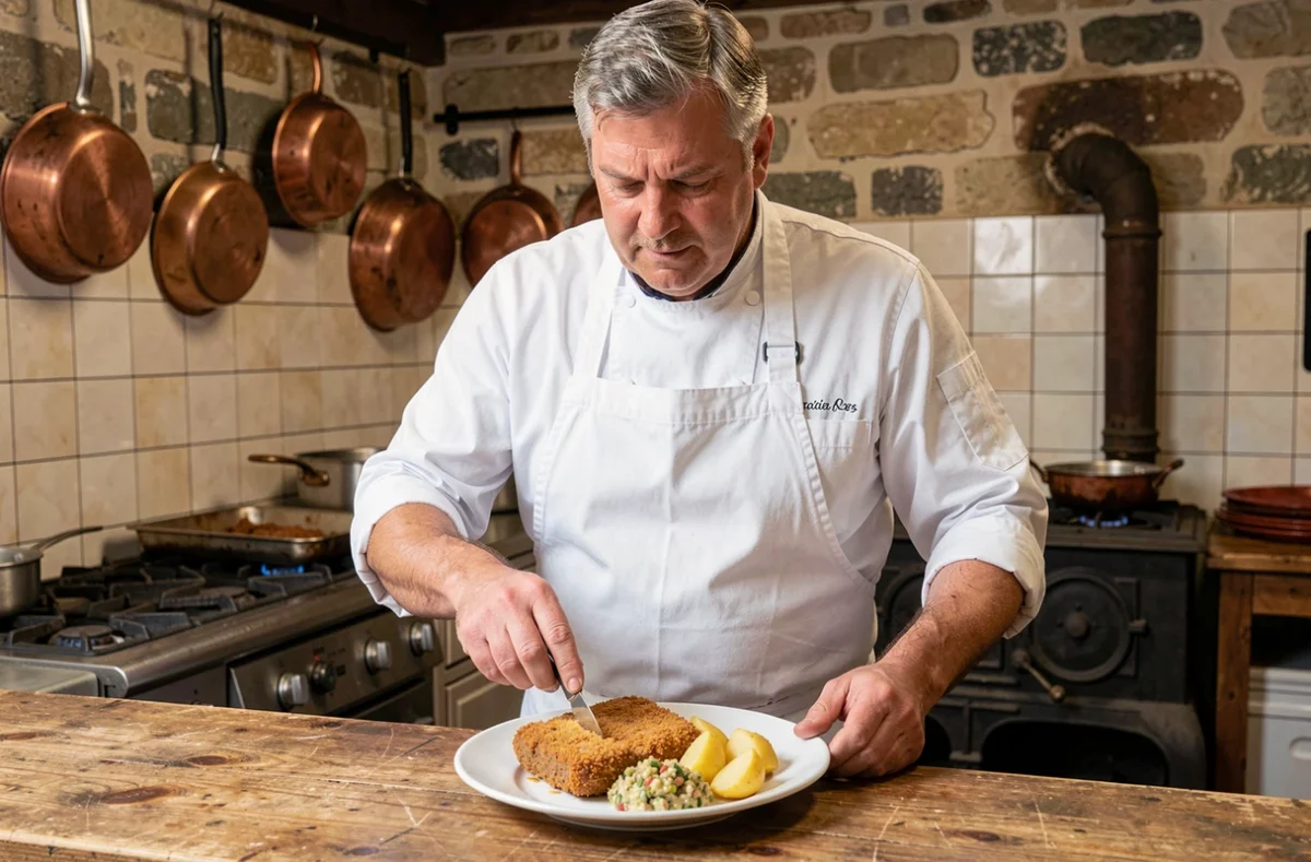 Chef d'un bouchon lyonnais en train de dresser un tablier de sapeur doré avec sauce gribiche dans une cuisine traditionnelle