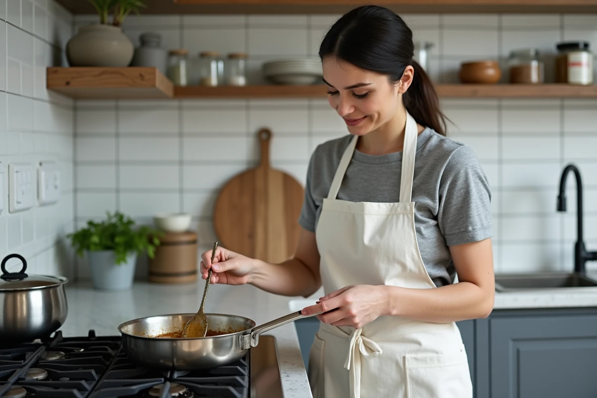 Cheffe cuisinant une sauce aux cèpes dans une casserole sur une cuisinière, portant un tablier en lin blanc dans une cuisine moderne