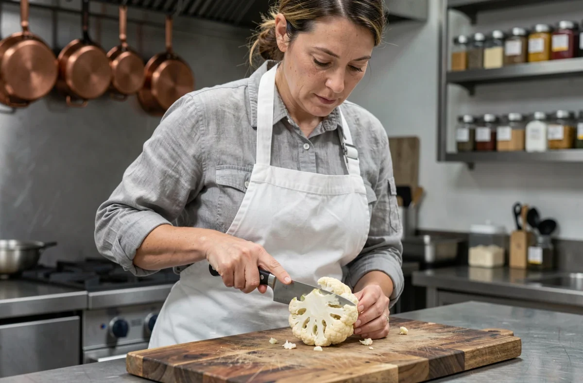 Cheffe cuisinière tranchant un steak de chou-fleur en cuisine professionnelle, photographie culinaire réaliste
