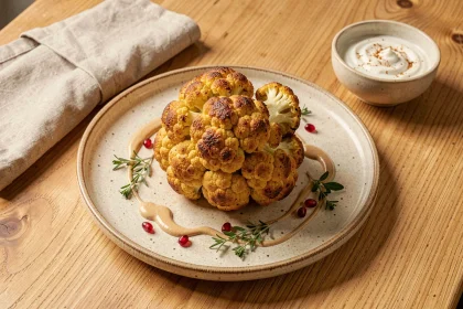 Chou-fleur entier rôti au four sur assiette en céramique avec sauce tahini et grenade, style restaurant végétarien tendance