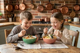 Deux enfants souriants mangeant une choucroute aux poissons dans une cuisine rustique chaleureuse en famille