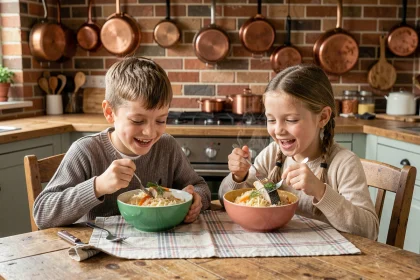 Deux enfants souriants mangeant une choucroute aux poissons dans une cuisine rustique chaleureuse en famille
